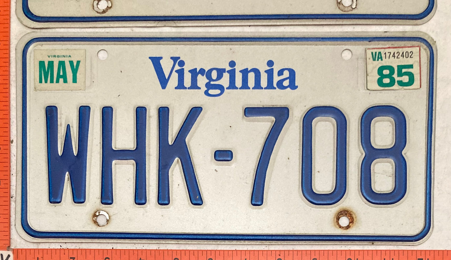 1985 Virginia #WHK-708 Passenger License Plate (Pair)