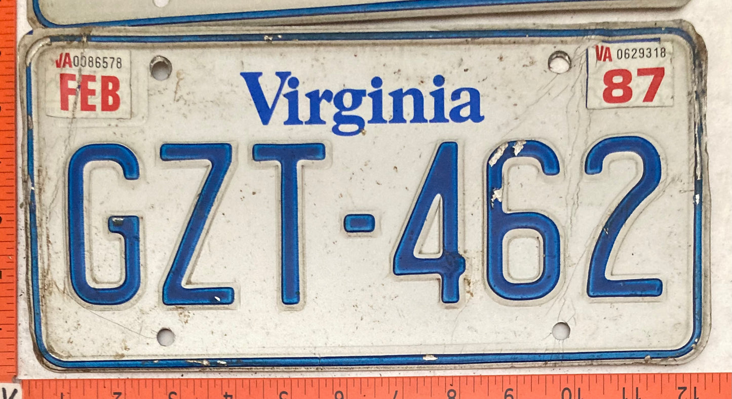 1987 Virginia #GZT-462 Passenger License Plate (Pair)