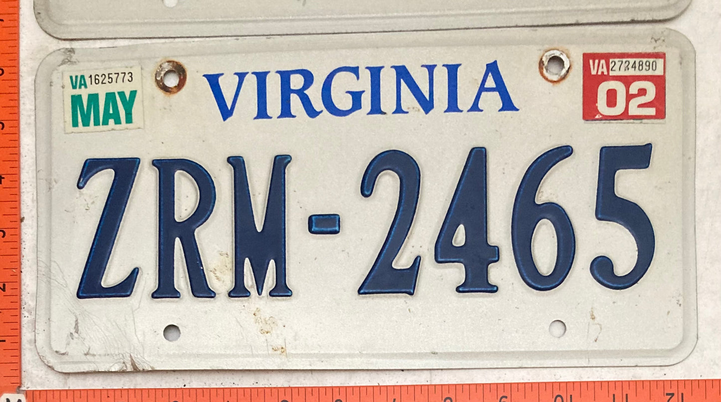 2002 Virginia #ZRM-2465 Passenger License Plate (Pair)