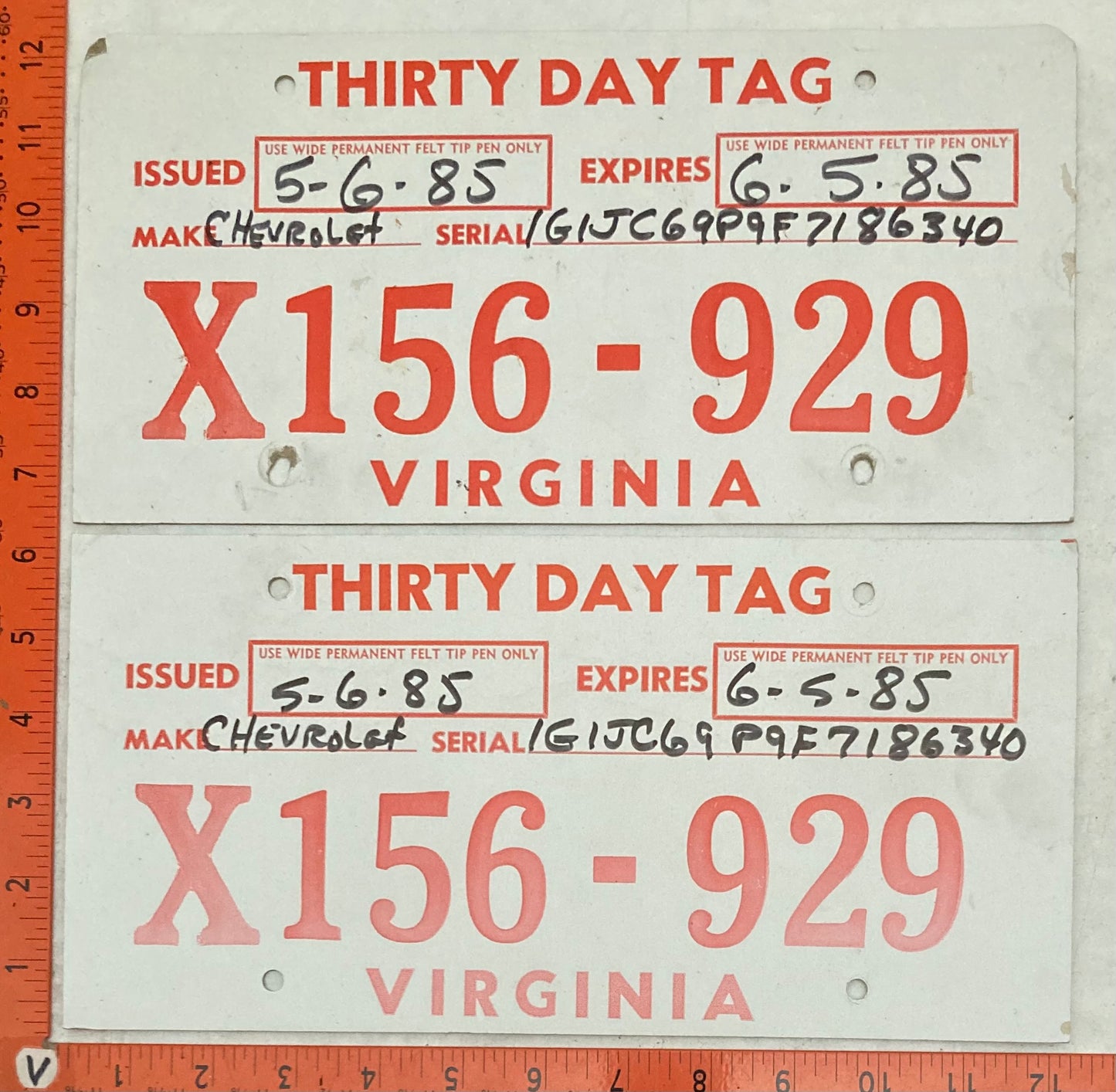 1985 Virginia #X156-929 Temporary License Plate (Pair)