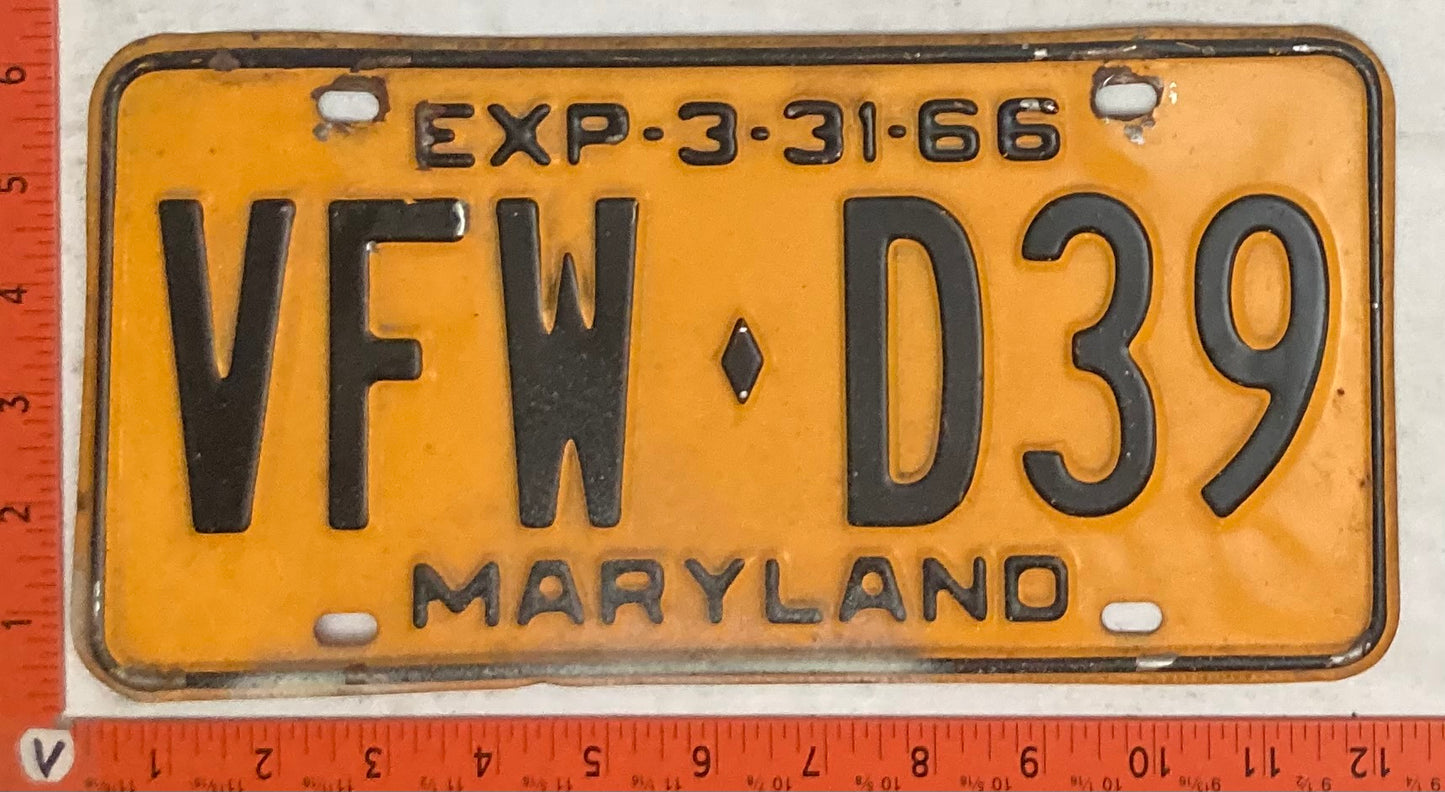 1966 Maryland #VFW-D39 Passenger License Plate