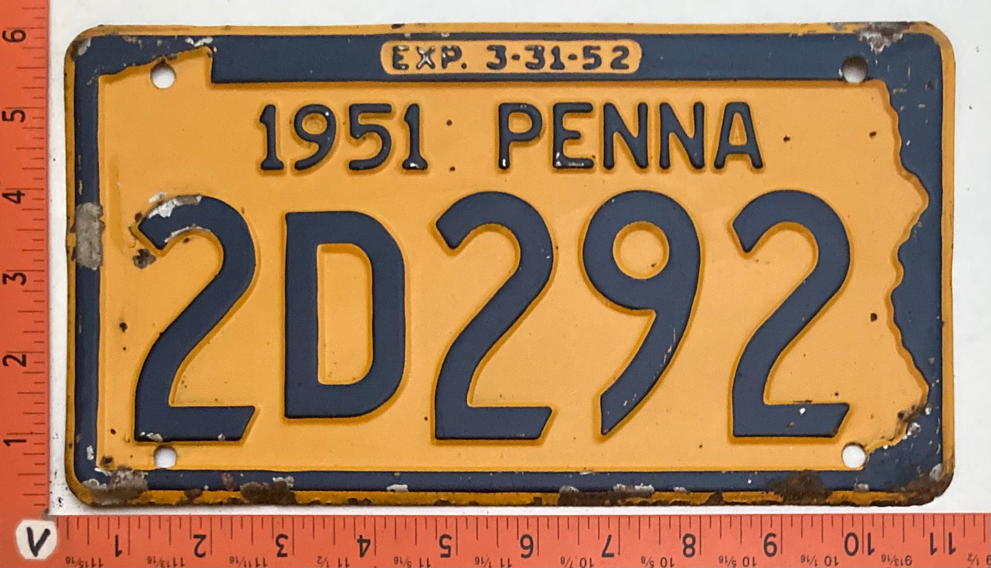 1951 Pennsylvania #2D292 Passenger License Plate