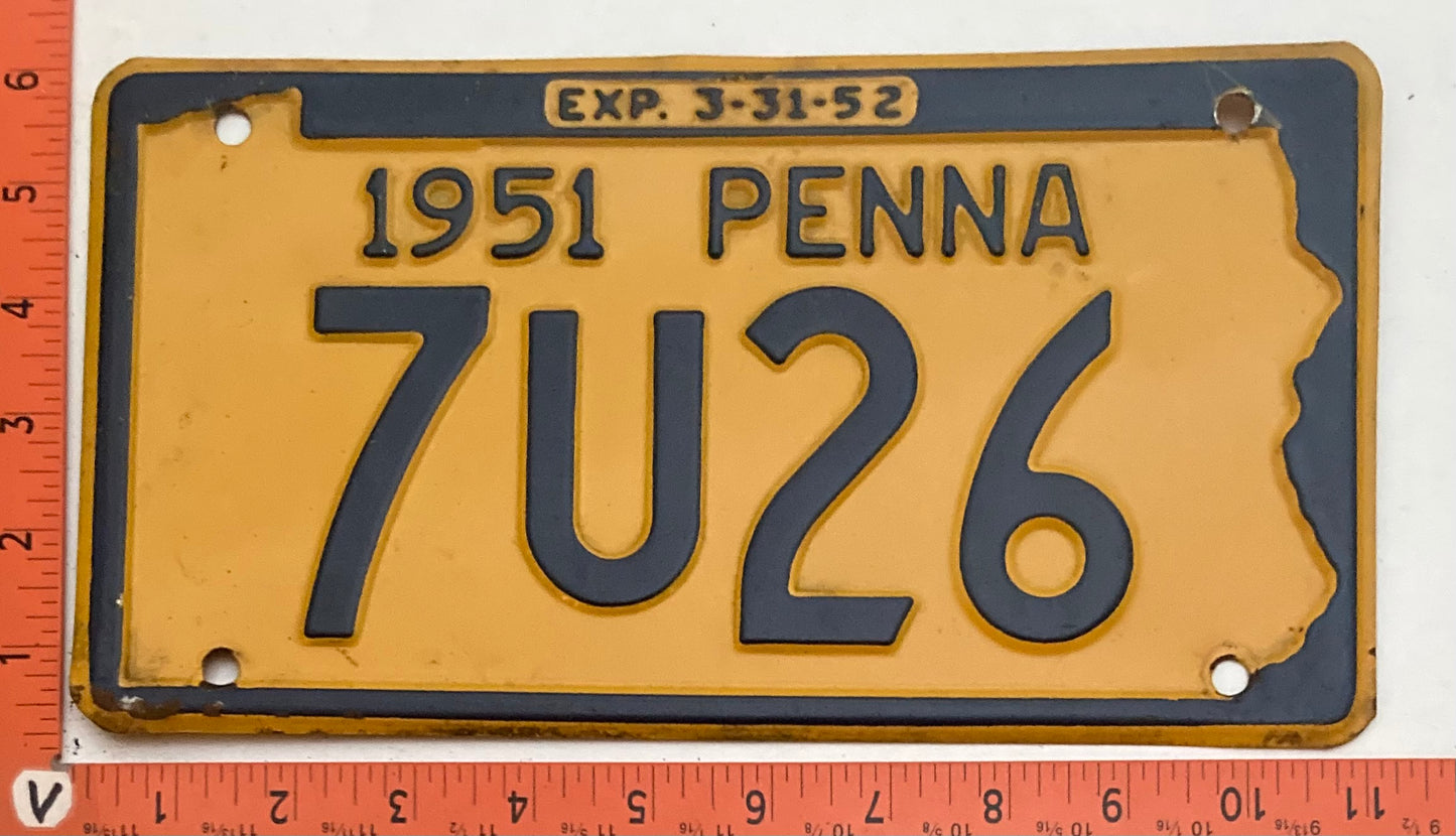 1951 Pennsylvania #7U26 Passenger License Plate