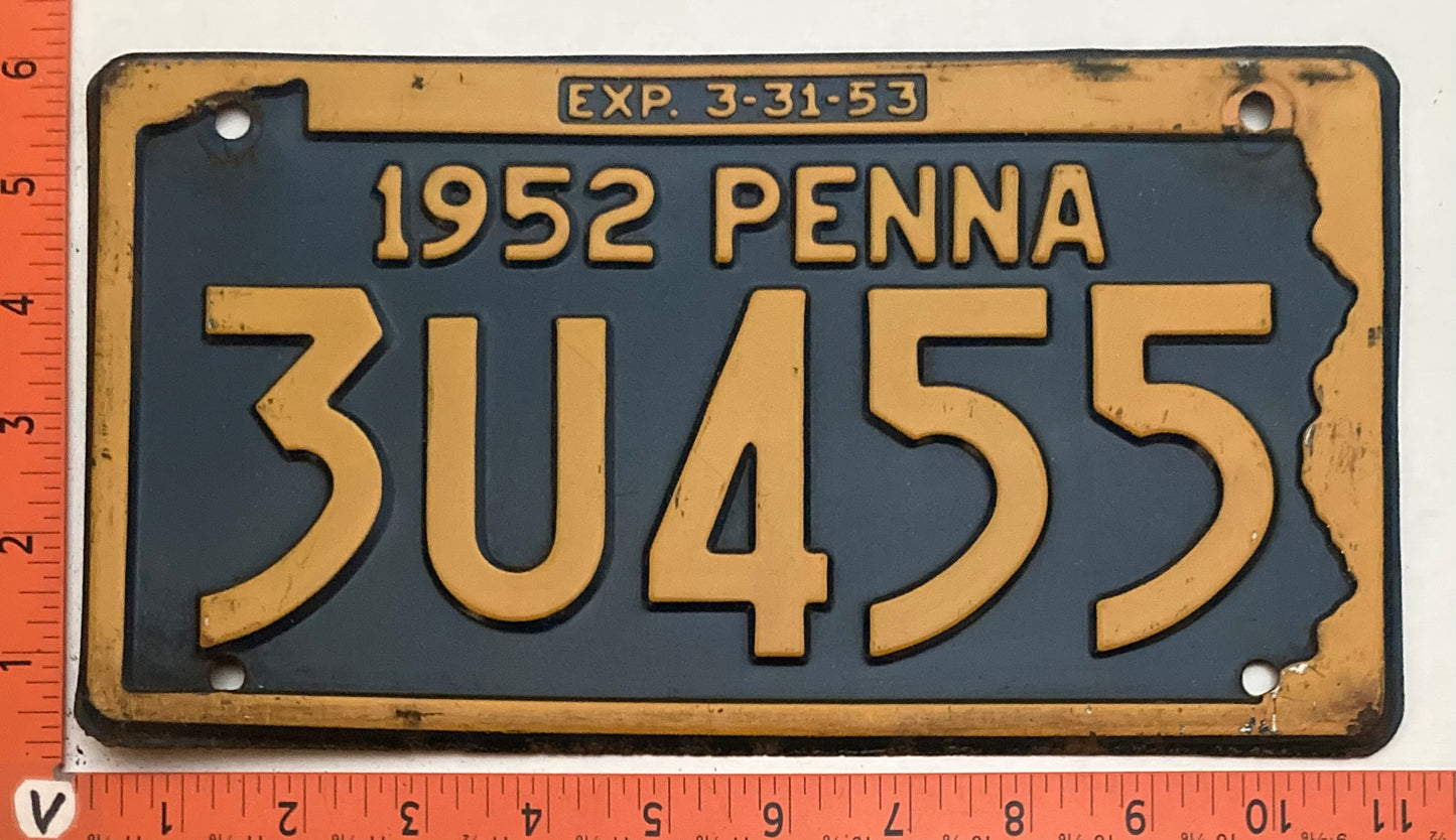 1952 Pennsylvania #3U455 Passenger License Plate