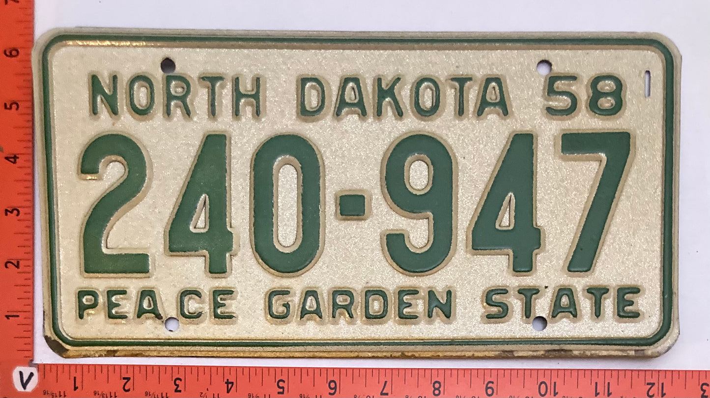 1958 North Dakota #240-947 Passenger License Plate