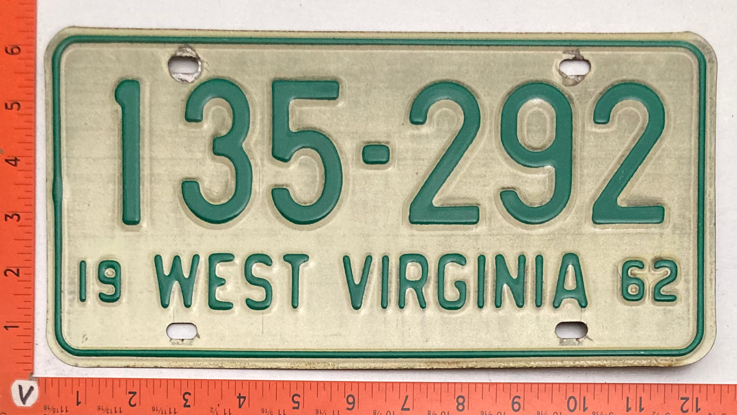 1962 West Virginia #135-292 Passenger License Plate