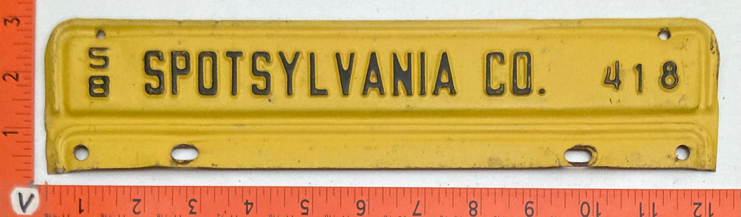 1958 Spotsylvania County Virginia #418 License Plate
