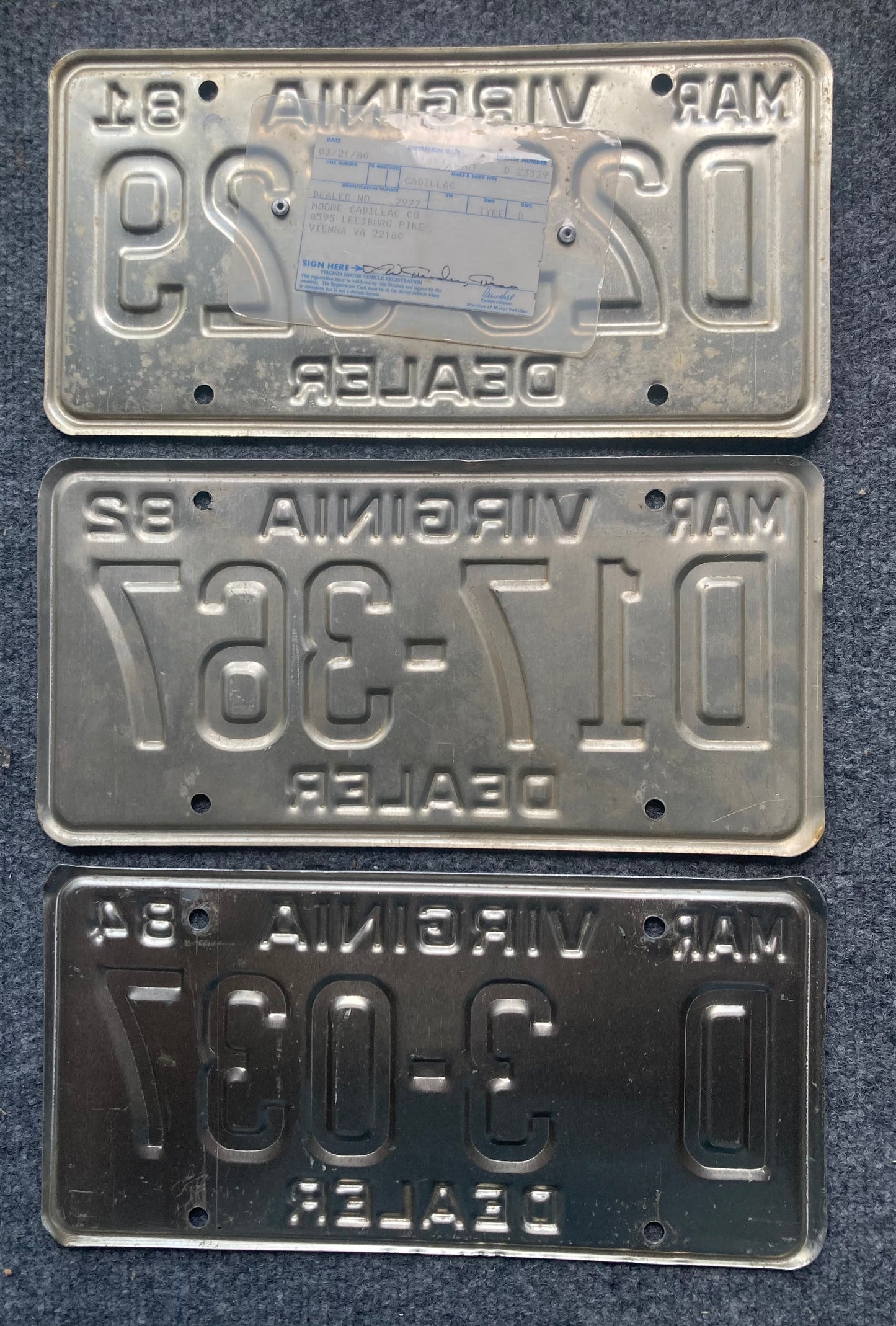 Group of 3 Virginia DEALER license plates 1981, 1982 & 1983 (Crafter)
