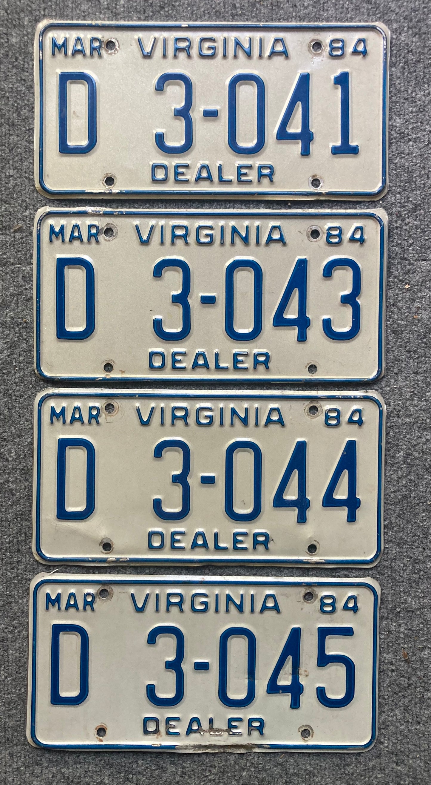 Group of 4 Virginia 1984 DEALER license plates (Crafter)