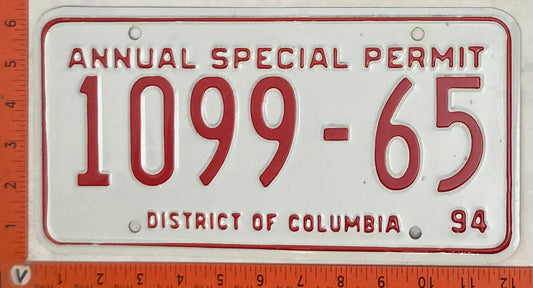 1994 Washington, DC #1099 65 Annual Special Permit License Plate