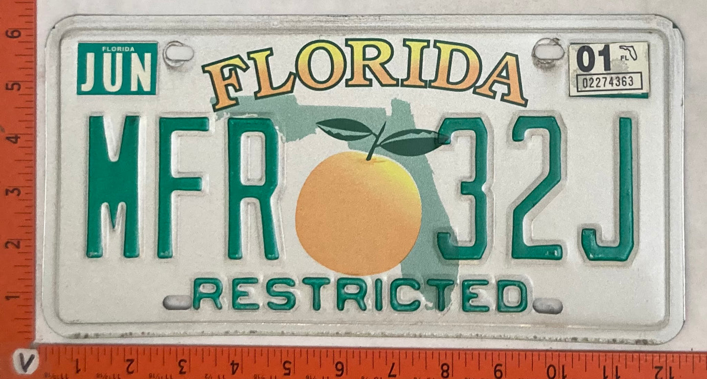 2001 Florida #MFR 32J Passenger License Plate