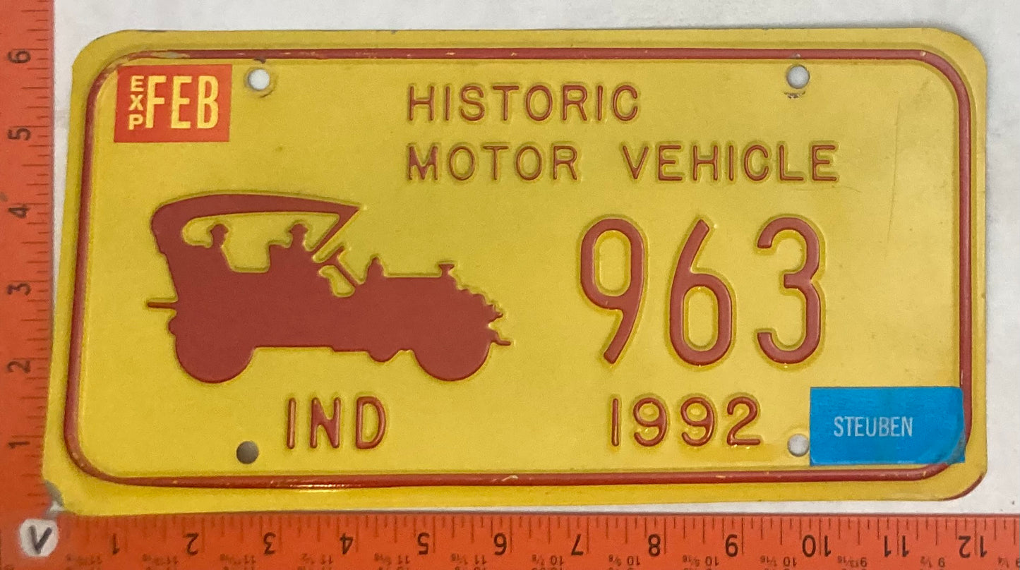 1992 Indiana #963 Historic Motor Vehicle Passenger License Plate