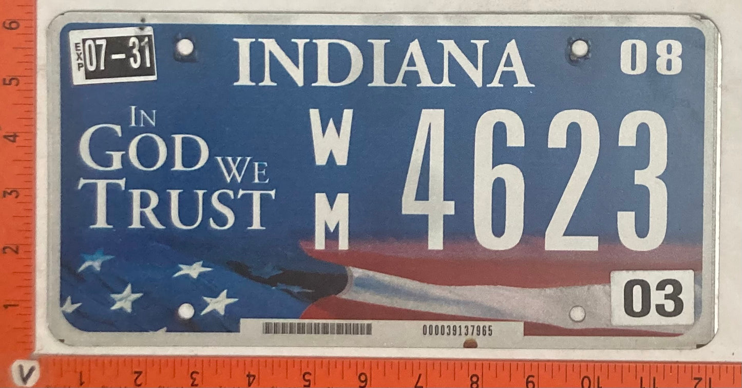 2008 Indiana #W/M 4623 Passenger License Plate
