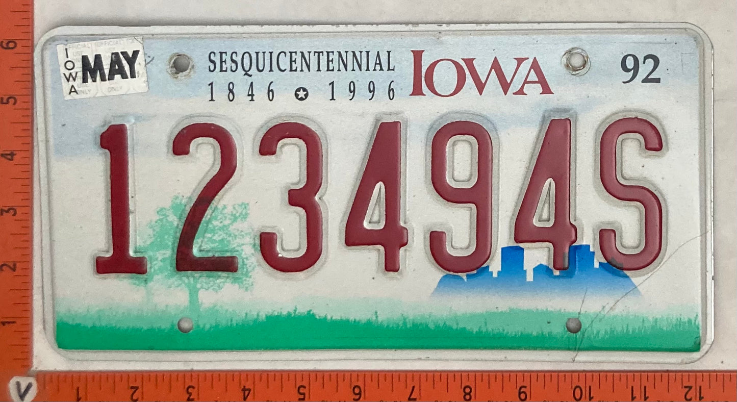 1992 Iowa #123494S Passenger License Plate
