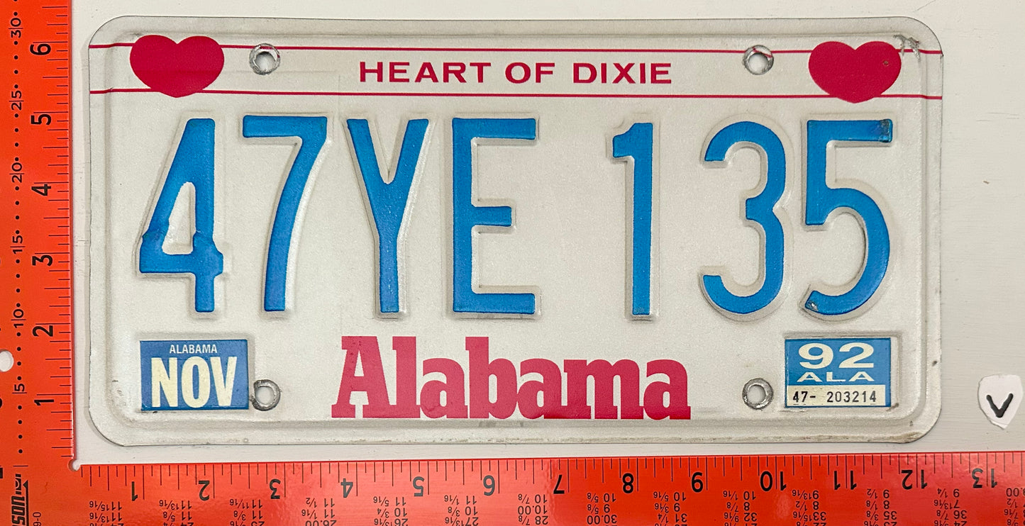 1992 Alabama #47YE 135 Passenger License Plate