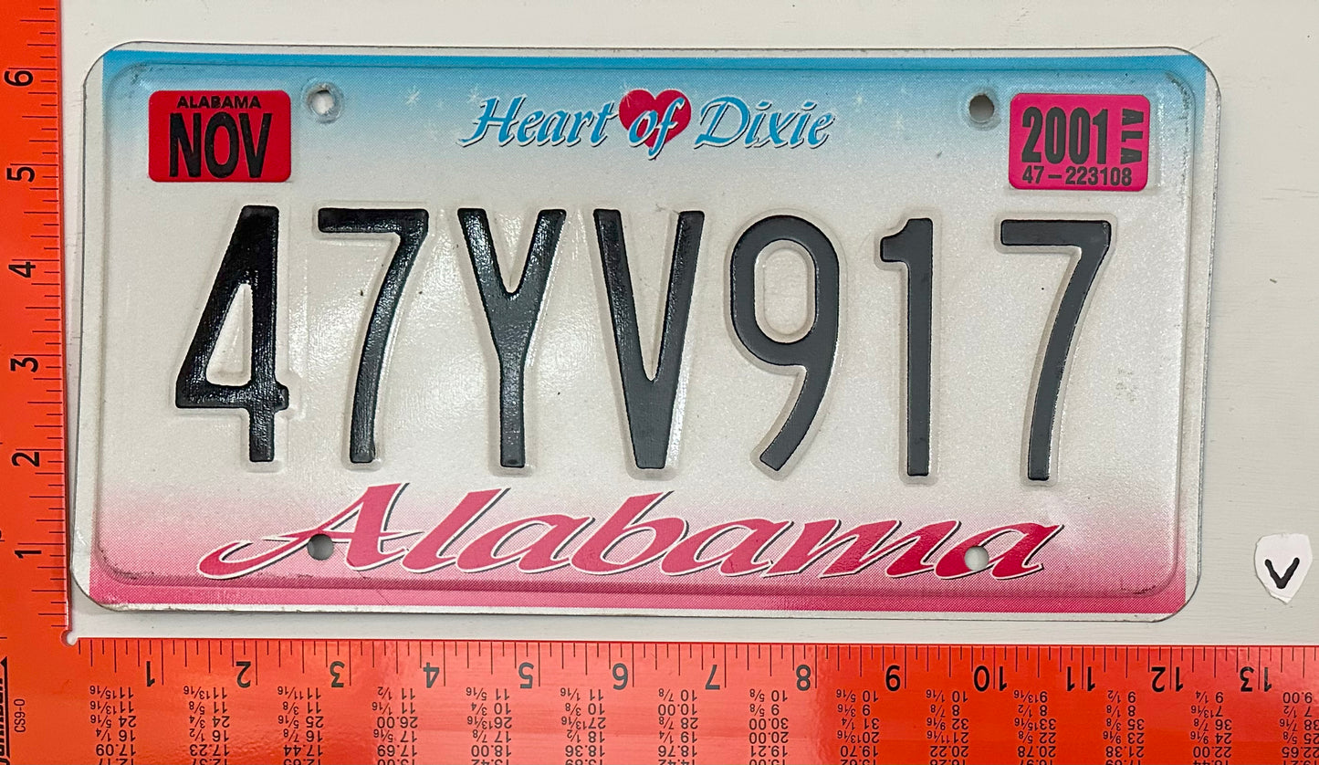2001 Alabama #47YV917 Passenger License Plate