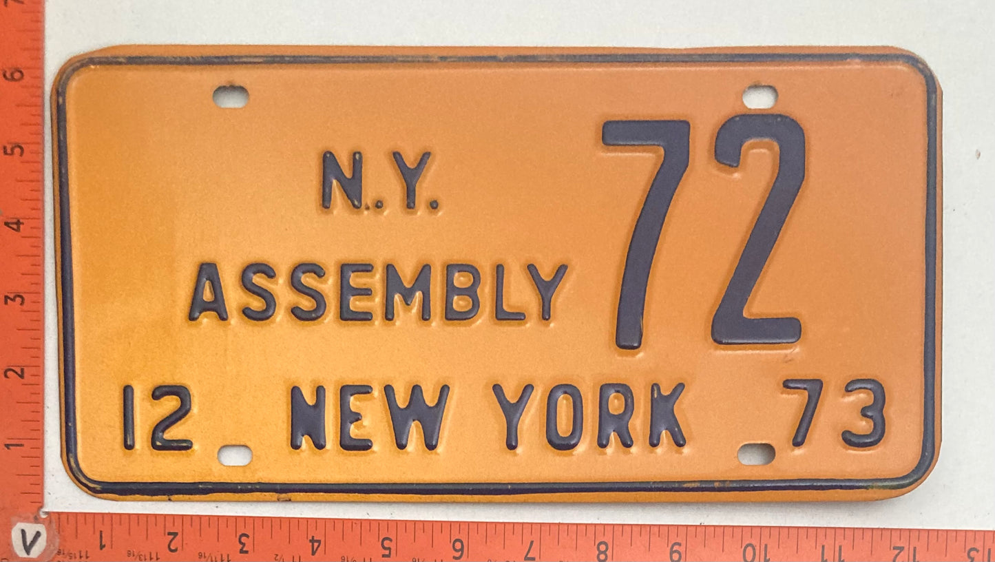 1973 New York #72 Passenger N.Y. Assembly License Plate