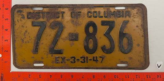 1947 Washington, DC #72-836 Passenger License Plate