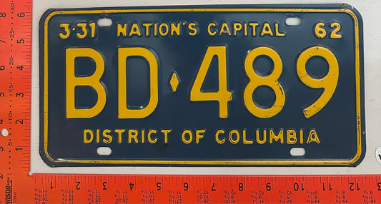 1962 Washington, DC #BD-489 Passenger License Plate