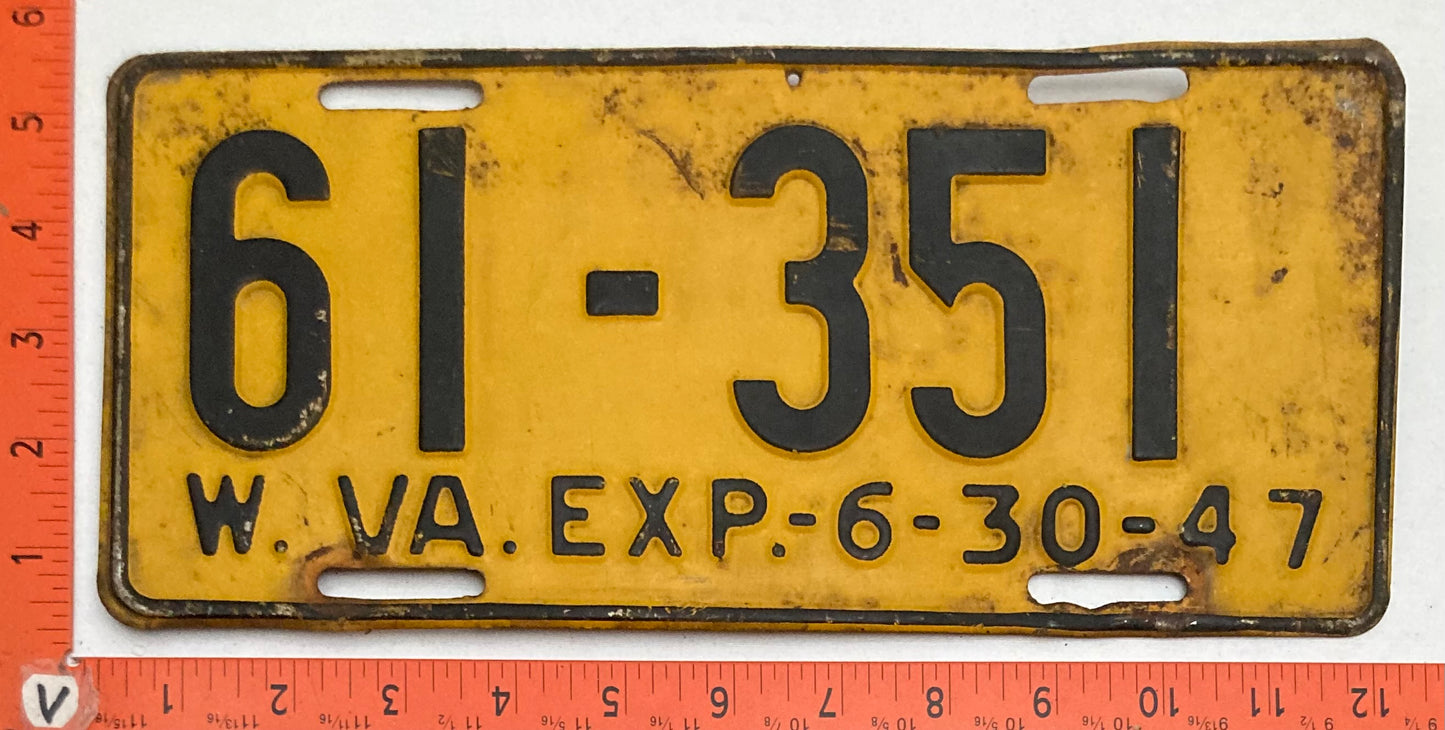1947 West Virginia #61-351 Passenger License Plate