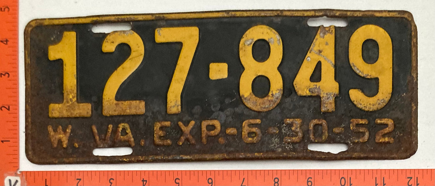 1952 West Virginia #127-849 Passenger License Plate