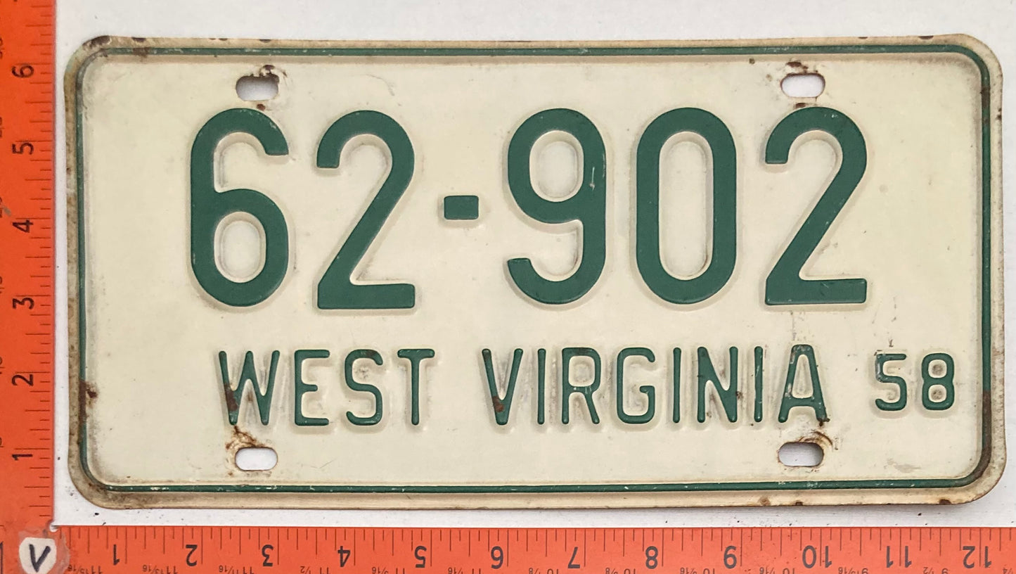1958 West Virginia #62-902 Passenger License Plate