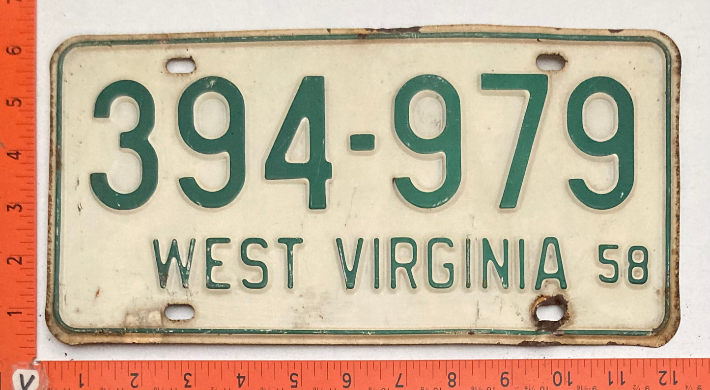 1958 West Virginia #394-979 Passenger License Plate