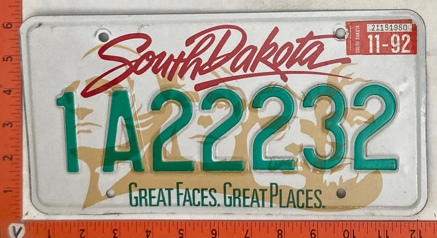 1992 South Dakota #1A22232 Passenger License Plate