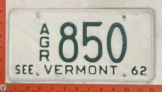 1962 Vermont #A/G/R 850 Agriculture License Plate