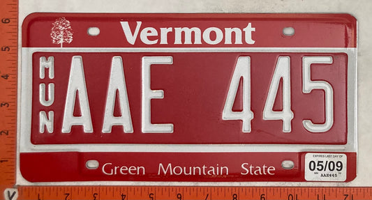 2009 Vermont #AAE 445 Municipal License Plate