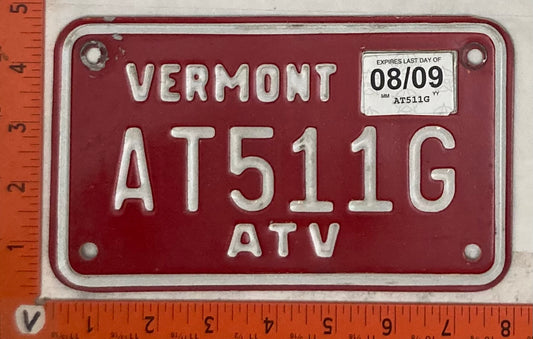 2009 Vermont #AT 511G All Terrain Vehicle License Plate