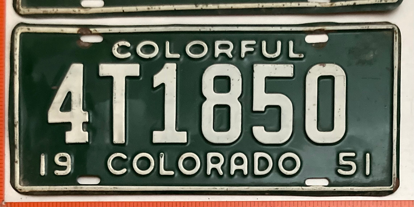 1951 Colorado #4T1850 Passenger License Plate PAIR