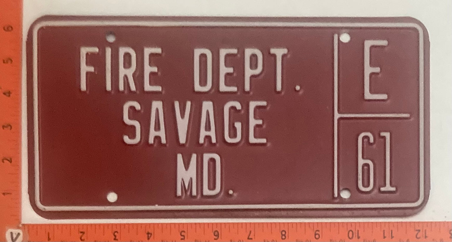 Undated Maryland #E 61 FIRE DEPT SAVAGE, MD License Plate