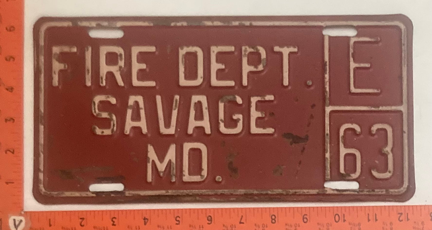 Undated Maryland #E 63 FIRE DEPT SAVAGE, MD License Plate