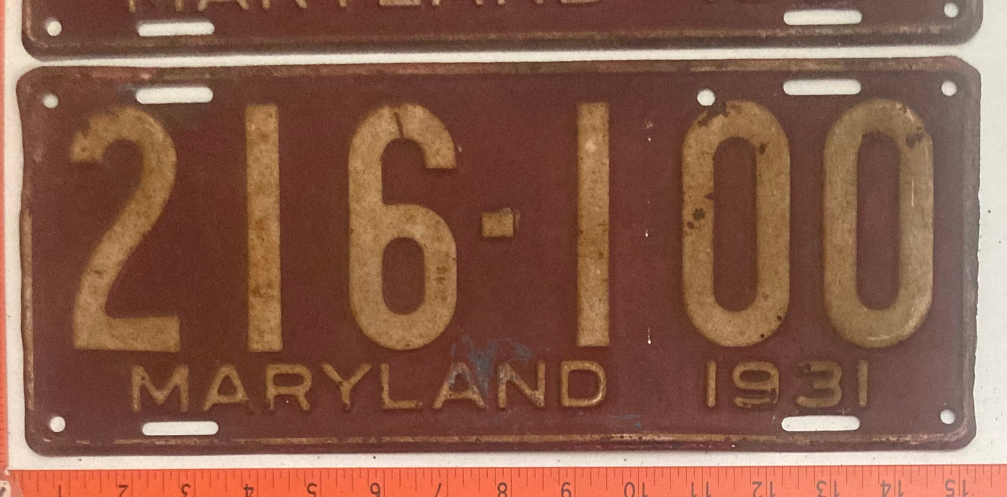 1931 Maryland #216-100 Passenger License Plate PAIR