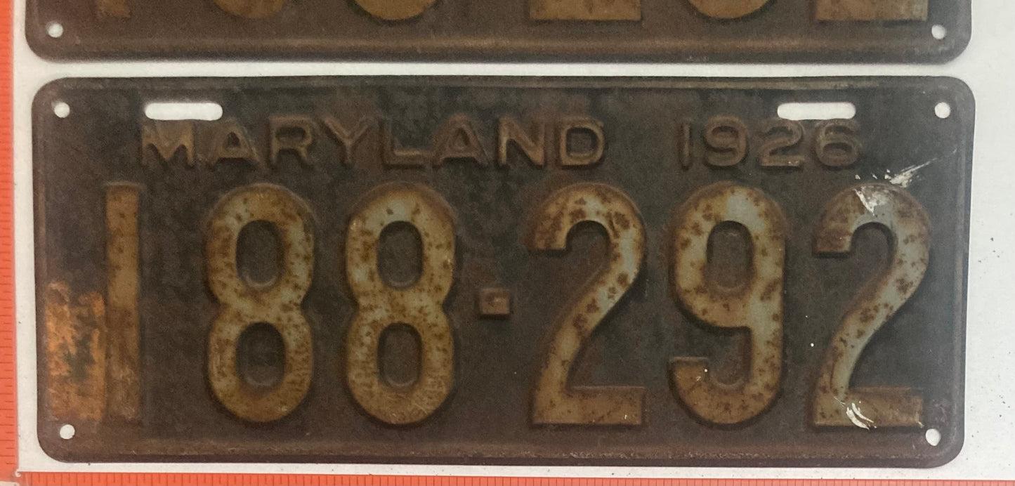 1926 Maryland #188-292 Passenger License Plate PAIR