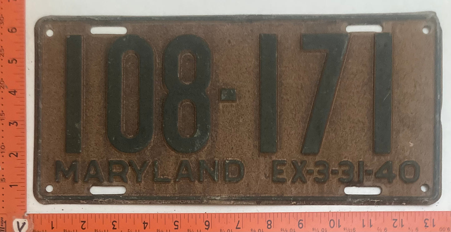 1940 Maryland #108-171 Passenger License Plate