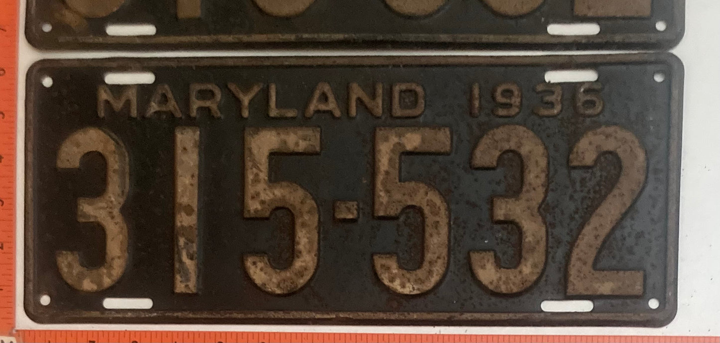 1936 Maryland #315-532 Passenger License Plate PAIR