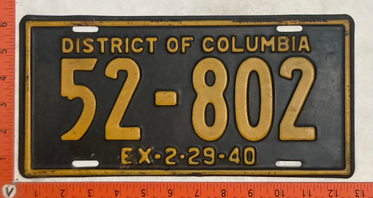 1940 Washington, DC #52-802 Passenger License Plate