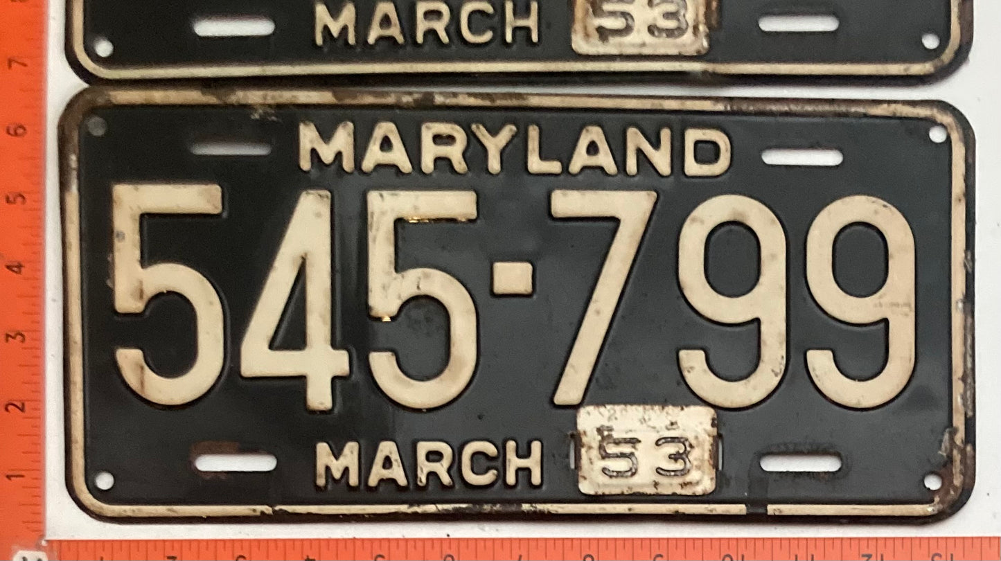 1953 Maryland #545-799 Passenger License Plate PAIR
