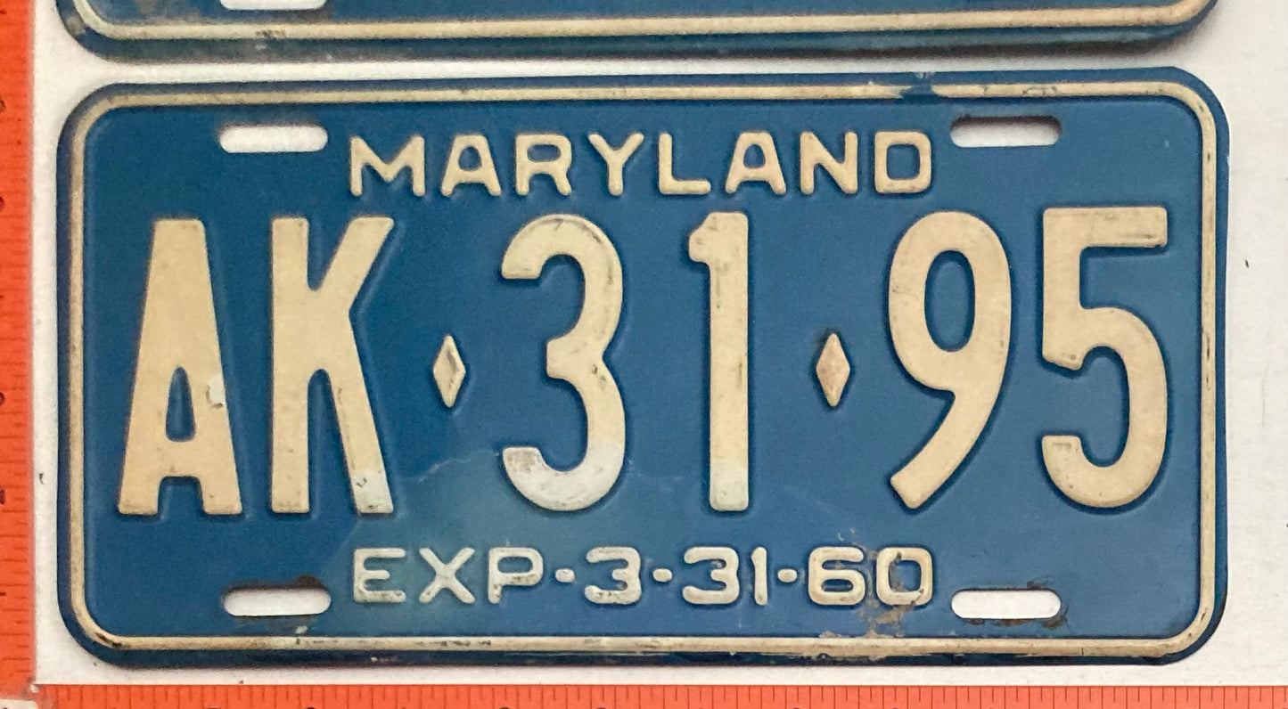 1960 Maryland #AK-31-95 Passenger License Plate PAIR