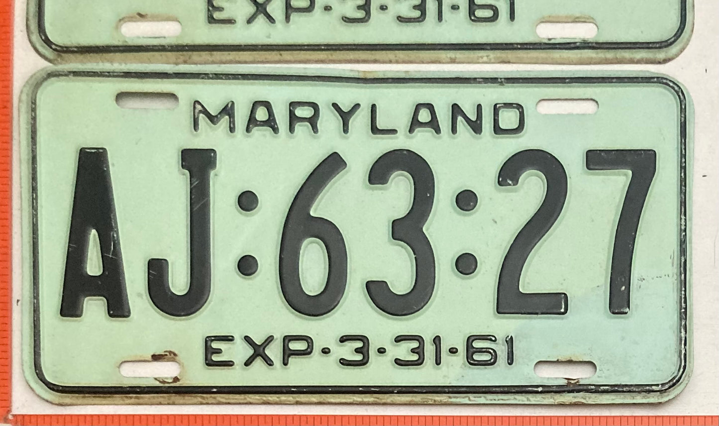 1961 Maryland #AJ:63:27 Passenger License Plate PAIR