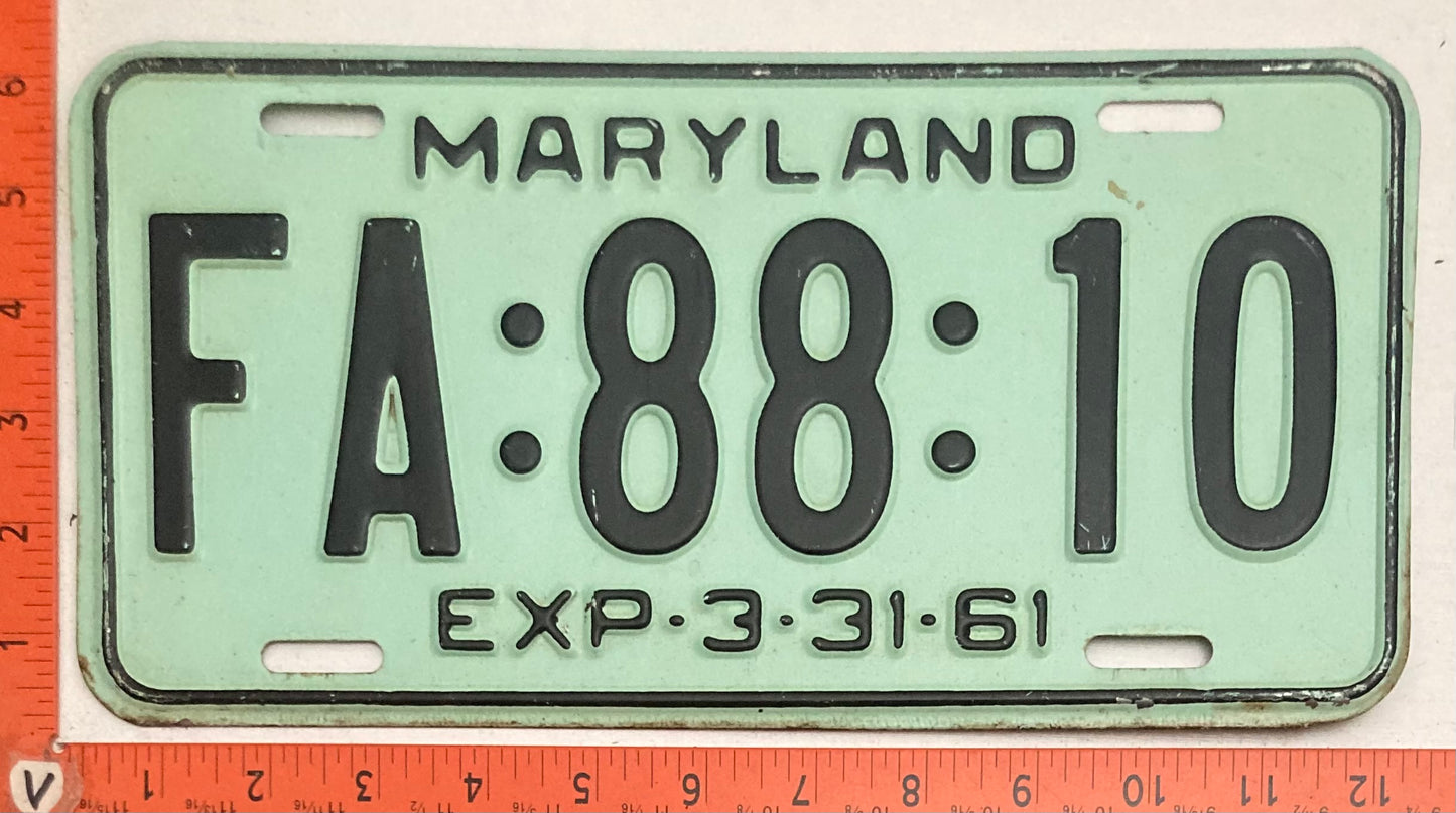 1961 Maryland #FA:88:10Passenger License Plate