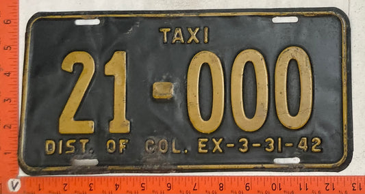 1942 Washington, DC #21-000 Taxi License Plate