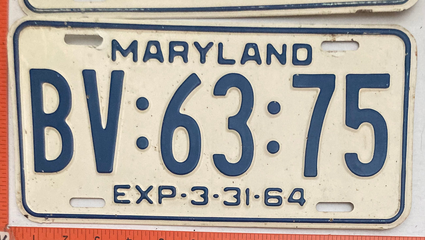 1964 Maryland #BV:63:75 Passenger License Plate PAIR
