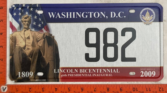 2009 Washington, DC #982 Presidential Inaugural Passenger License Plate