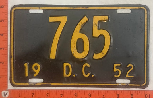 1952 Washington, DC #765 Passenger License Plate