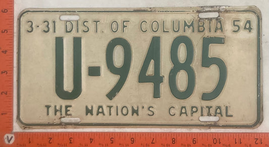 1954 Washington, DC #U-9485 Passenger License Plate
