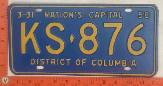 1958 Washington, DC #KS-876 Passenger License Plate