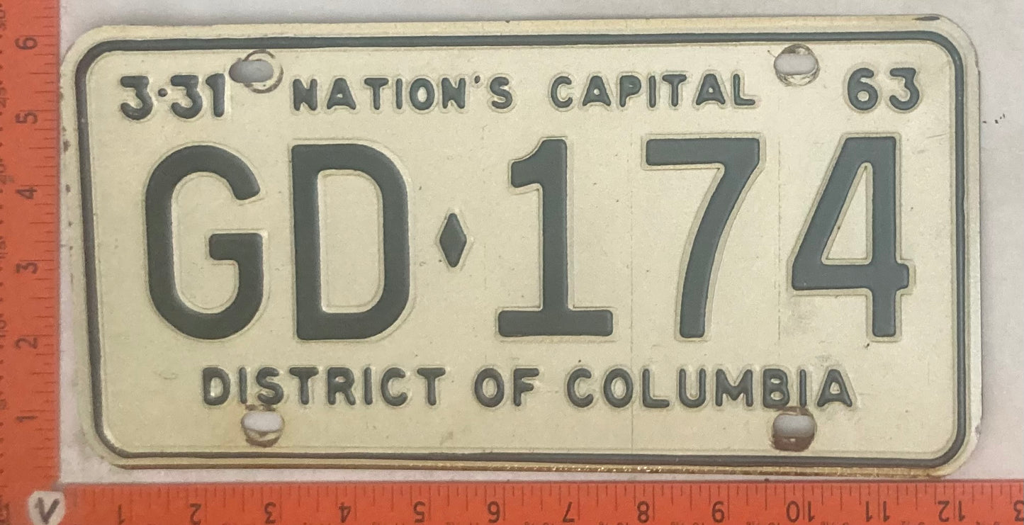 1963 Washington, DC #GD-174 Passenger License Plate